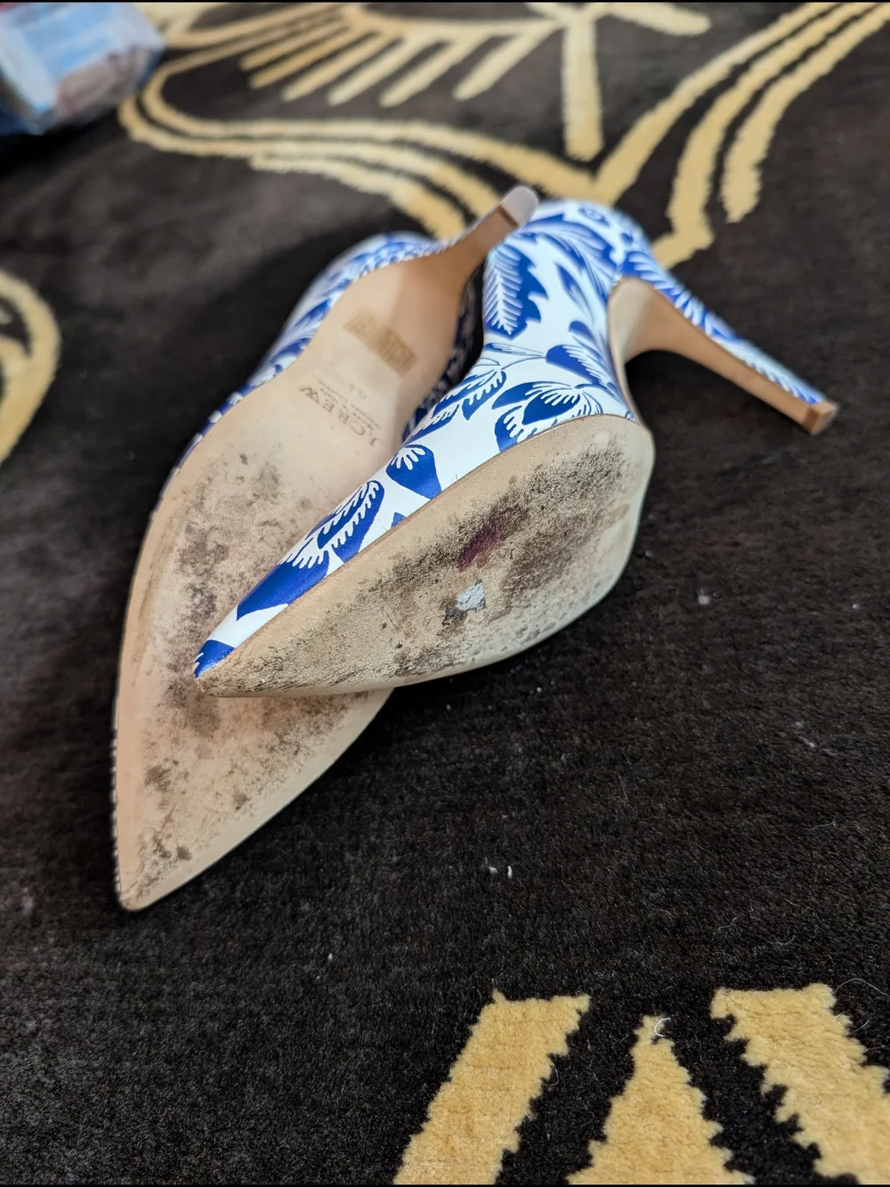 J. Crew Blue and White Floral Pointed-Toe Leather Pumps